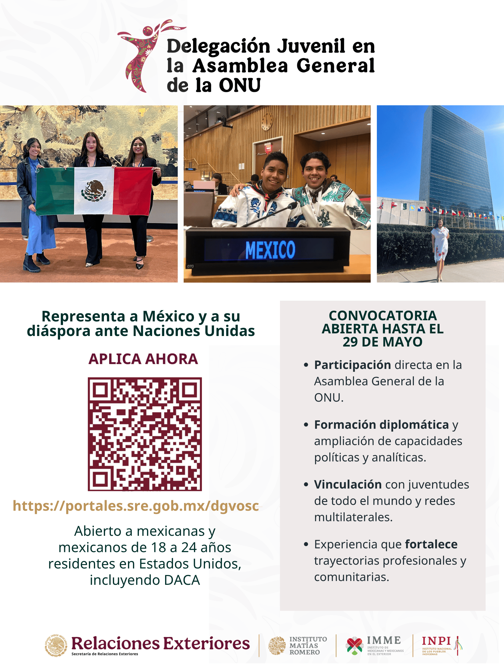 Convocatoria al Programa “Delegación Juvenil en la Asamblea General de la Organización de las Naciones Unidas”
